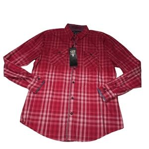 Tranquility Mayhem Ombré Red Plaid Button Down Shirt - Men’s Medium - NWT